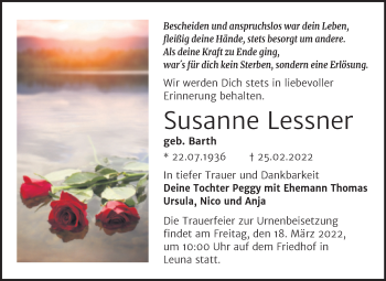 Traueranzeige von Susanne Lessner von Trauerkombi Merseburg