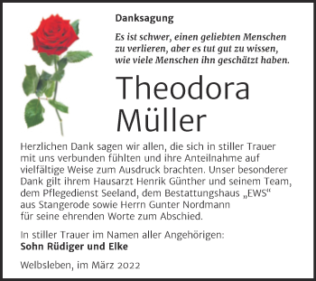 Traueranzeige von Theodora Müller von Trauerkombi Mansfelder Land