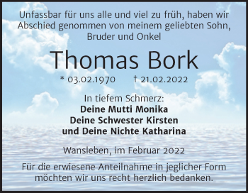 Traueranzeige von Thomas Bork von Trauerkombi Mansfelder Land