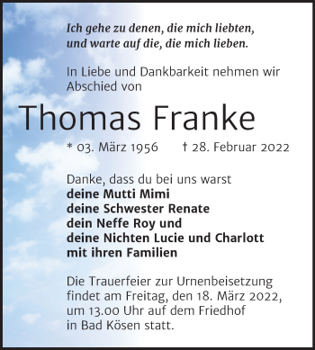 Traueranzeige von Thomas Franke von Naumburger Tageblatt