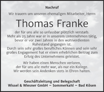 Traueranzeige von Thomas Franke von Naumburger Tageblatt
