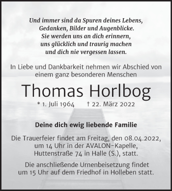Traueranzeige von Thomas Horlbog von Mitteldeutsche Zeitung Halle/Saalkreis