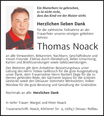 Traueranzeige von Thomas Noack von Trauerkombi Dessau