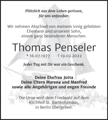 Traueranzeige von Thomas Penseler von Trauerkombi Wittenberg