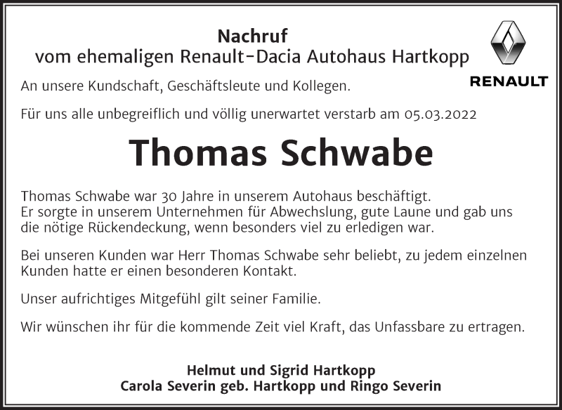  Traueranzeige für Thomas Schwabe vom 19.03.2022 aus Trauerkombi Aschersleben
