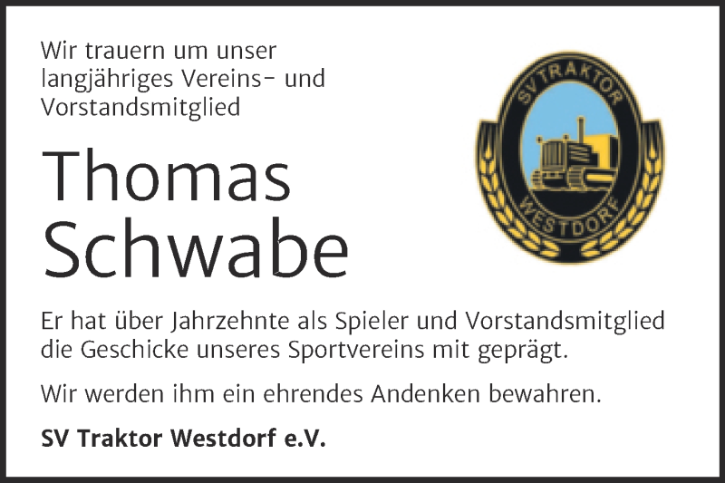  Traueranzeige für Thomas Schwabe vom 19.03.2022 aus Trauerkombi Aschersleben