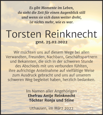 Traueranzeige von Torsten Reinknecht von Trauerkombi Wittenberg