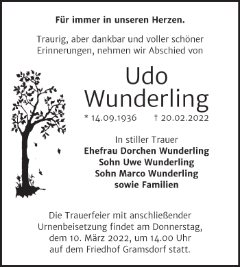 Traueranzeige von Udo Wunderling von Trauerkombi Bernburg