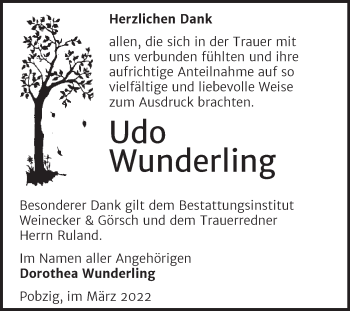 Traueranzeige von Udo Wunderling von Trauerkombi Bernburg