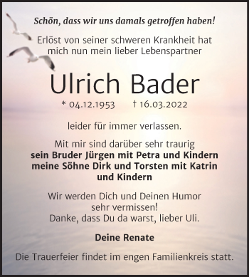Traueranzeige von Ulrich Bader von Trauerkombi Bernburg