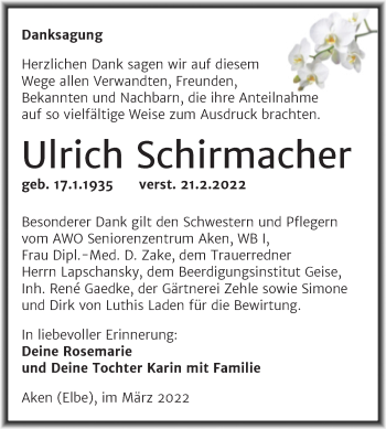Traueranzeige von Ulrich Schirmacher von Trauerkombi Köthen