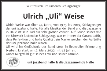 Traueranzeige von Ulrich Weise von Mitteldeutsche Zeitung Halle/Saalkreis