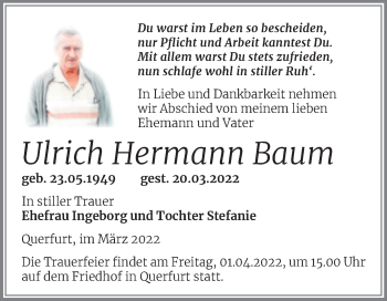 Traueranzeige von Ulrich Hermann Baum von Trauerkombi Merseburg