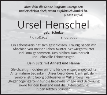 Traueranzeige von Ursel Henschel von Trauerkombi Wittenberg
