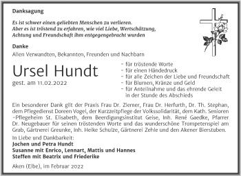 Traueranzeige von Ursel Hundt von Trauerkombi Köthen