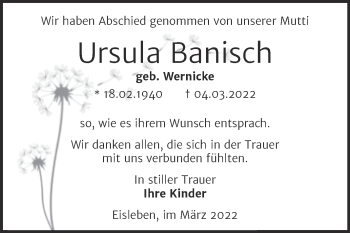 Traueranzeige von Ursula Banisch von Trauerkombi Mansfelder Land