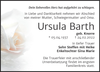 Traueranzeige von Ursula Barth von Mitteldeutsche Zeitung Halle/Saalkreis