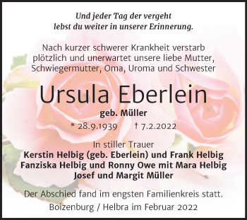 Traueranzeige von Ursula Eberlein von Trauerkombi Mansfelder Land
