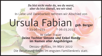 Traueranzeige von Ursula Fabian von Trauerkombi Dessau