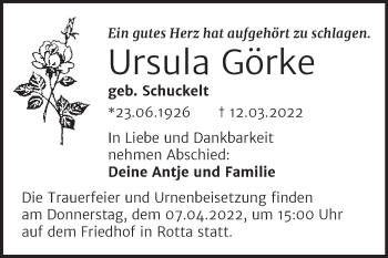 Traueranzeige von Ursula Görke von Trauerkombi Wittenberg