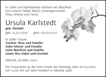 Traueranzeige von Ursula Karlstedt von Trauerkombi Sangerhausen