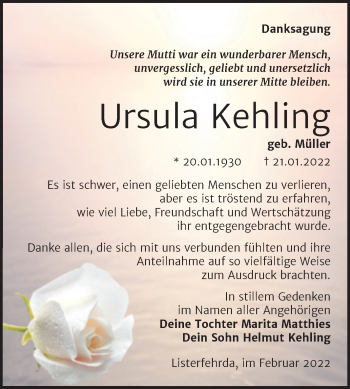 Traueranzeige von Ursula Kehling von Trauerkombi Wittenberg