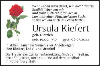 Traueranzeige von Ursula Kiefert von Mitteldeutsche Zeitung Halle/Saalkreis
