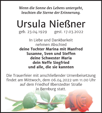 Traueranzeige von Ursula Nießner von Trauerkombi Bernburg