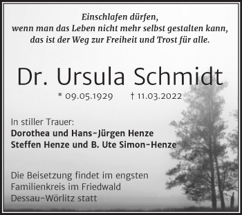 Traueranzeige von Ursula Schmidt von Mitteldeutsche Zeitung Halle/Saalkreis