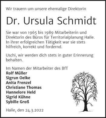 Traueranzeige von Ursula Schmidt von Mitteldeutsche Zeitung Halle/Saalkreis