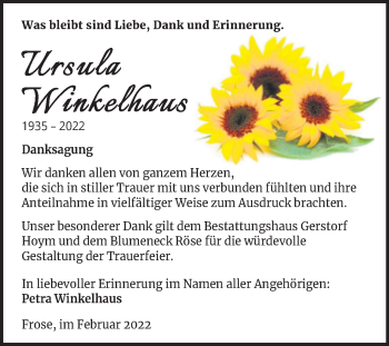 Traueranzeige von Ursula Winkelhaus von Trauerkombi Aschersleben