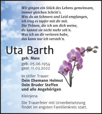 Traueranzeige von Uta Barth von Wochenspiegel Naumburg/Nebra