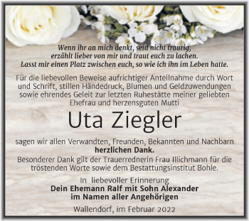 Traueranzeige von Uta Ziegler von Trauerkombi Merseburg
