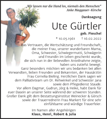 Traueranzeige von Ute Gürtler von Trauerkombi Bernburg