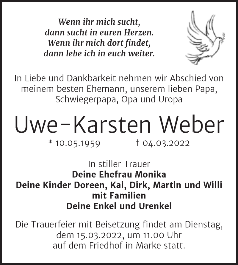  Traueranzeige für Uwe-Karsten Weber vom 10.03.2022 aus Trauerkombi Bitterfeld