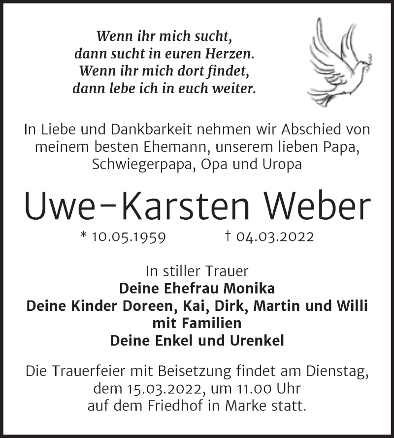  Traueranzeige für Uwe-Karsten Weber vom 12.03.2022 aus Trauerkombi Bitterfeld