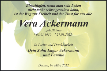 Traueranzeige von Vera Ackermann von Trauerkombi Dessau
