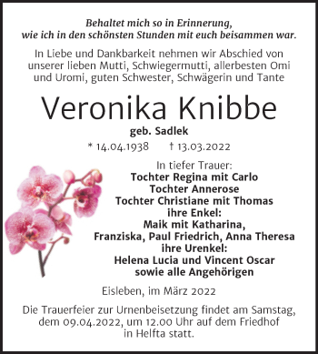 Traueranzeige von Veronika Knibbe von Trauerkombi Mansfelder Land