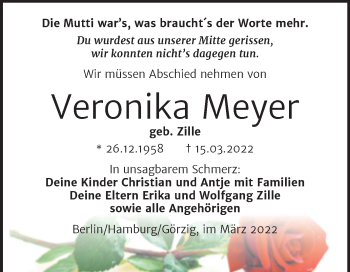 Traueranzeige von Veronika Meyer von Trauerkombi Köthen