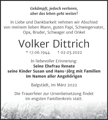 Traueranzeige von Volker Dittrich von Mitteldeutsche Zeitung Halle/Saalkreis