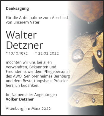 Traueranzeige von Walter Detzner von Trauerkombi Bernburg