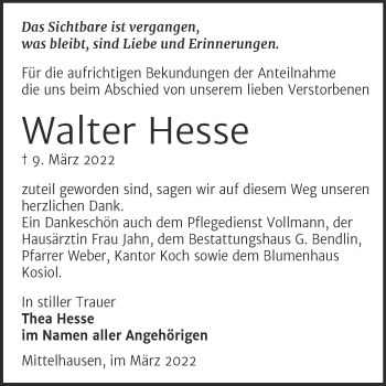 Traueranzeige von Walter Hesse von Mitteldeutsche Zeitung Sangerhausen