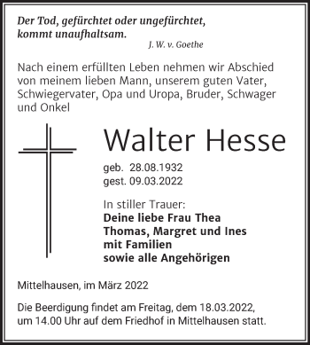 Traueranzeige von Walter Hesse von Mitteldeutsche Zeitung Sangerhausen