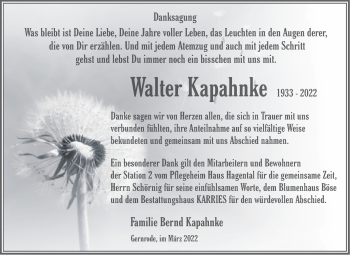 Traueranzeige von Walter Kapahnke von Trauerkombi Quedlinburg