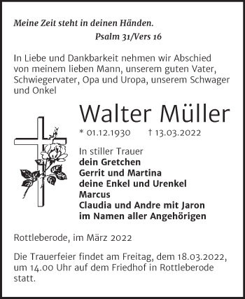 Traueranzeige von Walter Müller von Mitteldeutsche Zeitung Sangerhausen