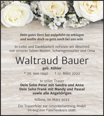 Traueranzeige von Waltraud Bauer von Trauerkombi Zeitz