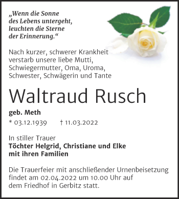 Traueranzeige von Waltraud Rusch von Trauerkombi Bernburg