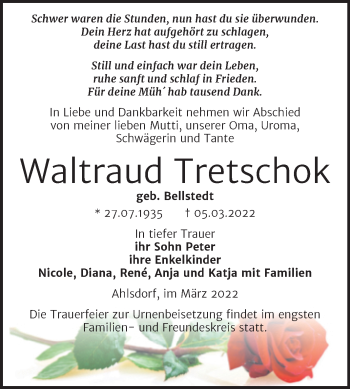 Traueranzeige von Waltraud Tretschok von Trauerkombi Mansfelder Land