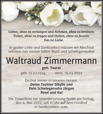 Traueranzeige von Waltraud Zimmermann von Trauerkombi Mansfelder Land