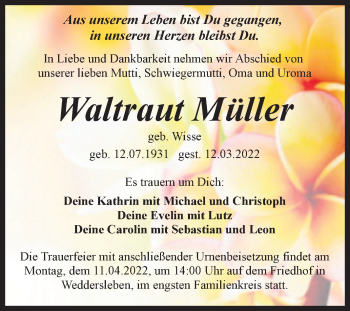 Traueranzeige von Waltraut Müller von Trauerkombi Quedlinburg